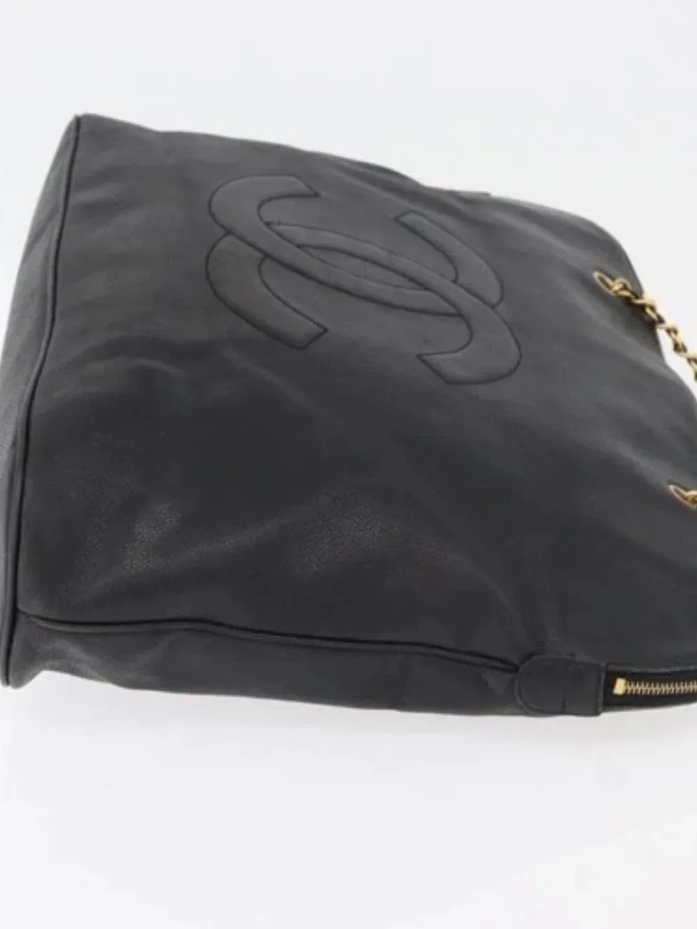 CHANEL COCO Mark Chain Tote Bag Grained Calf Skin Black CC Auth MY307
